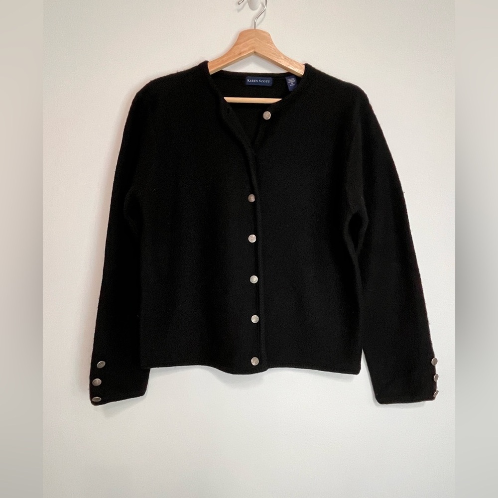 Karen Scott Women's Wool Black Cardigan with Silver Buttons EUC Size M